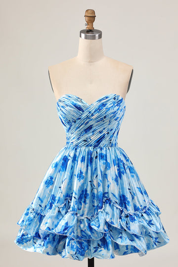 Strapless A Line Blue Floral Short Ruched Cocktail Dress